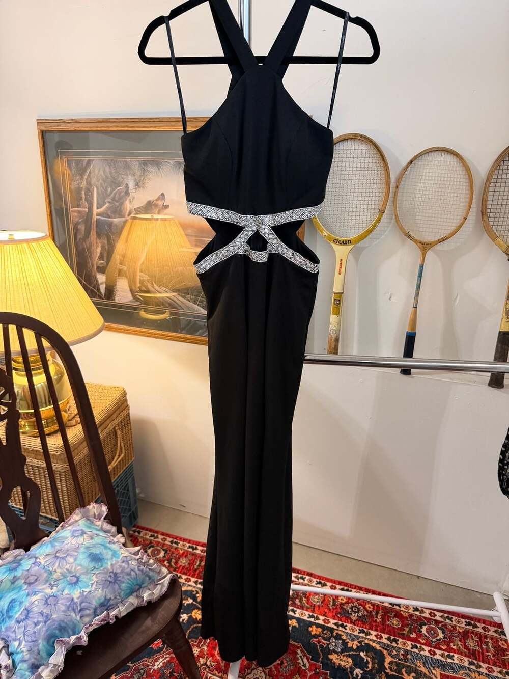 Hollywood Glam Black Cutout Halter Dress Rhinestone Evening Prom Formal Gown